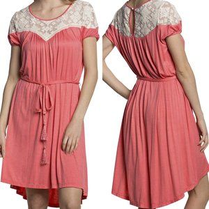 Boho Chic Lace Yoke Midi Dress Coral